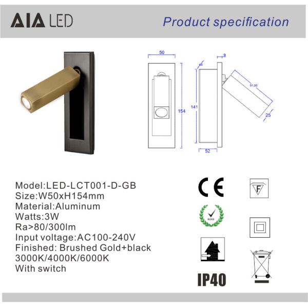 Rotating Recessed mounted bed sides light 3W led bed lighting reading light bed head wall lamp