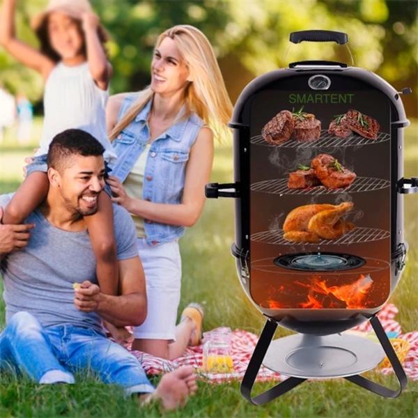 Black Custom Cool Camping Vertical Charcoal Smoker Grills 2 In 1 18 Inch 63X48.9X95.5CM