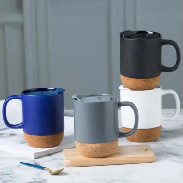 450ML Custom Logo Matte Black White Cork Base Ceramic Coffee Travel Mug With PP Lid