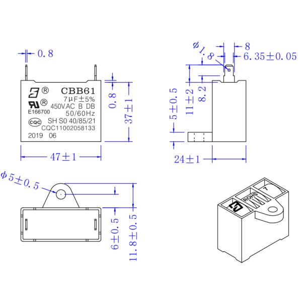 CBB61 7uF 450V Проводка конденсатора вентилятора SH S0 B-класса 10000 часов