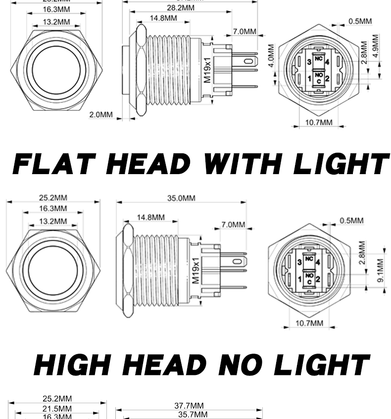 19mm LED Momentary Metal Push Button Switch with Connector Power Symbol Illumination on off Switch Welding