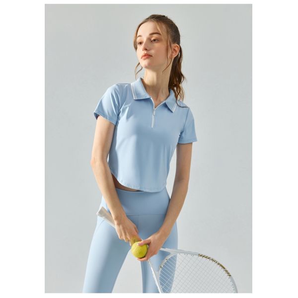 Women's Light Blue Cropped Polo Sport Top - Short Sleeve, Zippered Collar, Moisture-Wicking Fabric for Yoga, Tennis & Gym Workouts