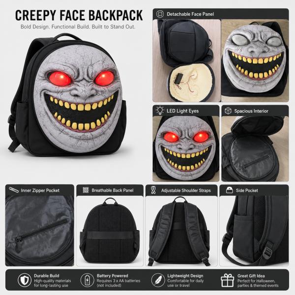 Horror Ghost Face Backpack with Detachable Latex Panel, LED Glowing Eyes, Adjustable Straps for Halloween Party Cosplay Travel