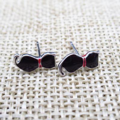 925 Children Silver Jewellery Cute Cat Ear Studs With Black Epoxy