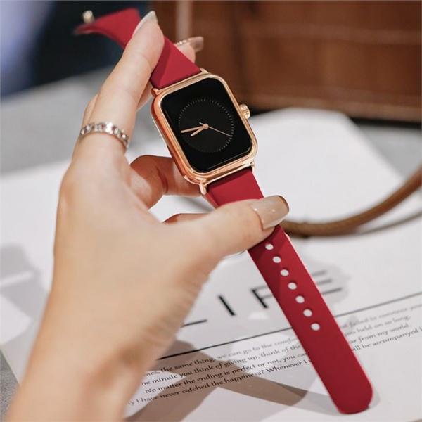 Casual Women'S Silicone Band Watches Mineral Mirror Outer Square Inner Circle