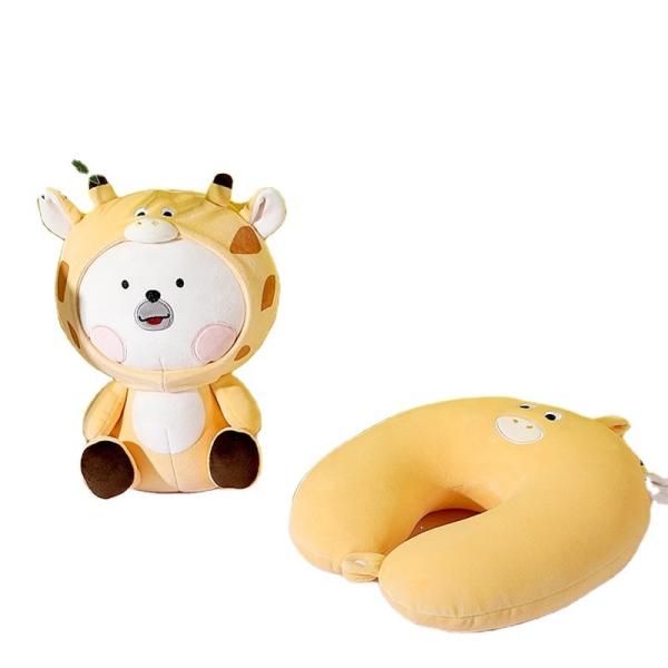 Memory Foam Filling U-shaped Plush Fabric Deer Embroidery Animal Shape Travel Neck Pillow