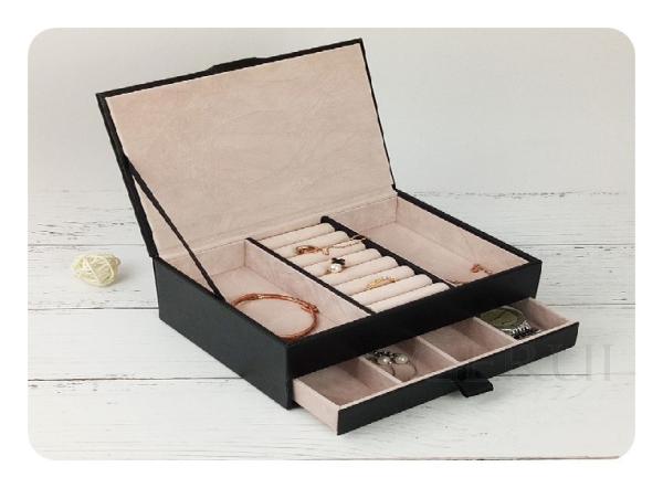 SGS Leather Ring Jewelry Packaging Boxes Drawe Black Color 19.1*14.2*7.3cm