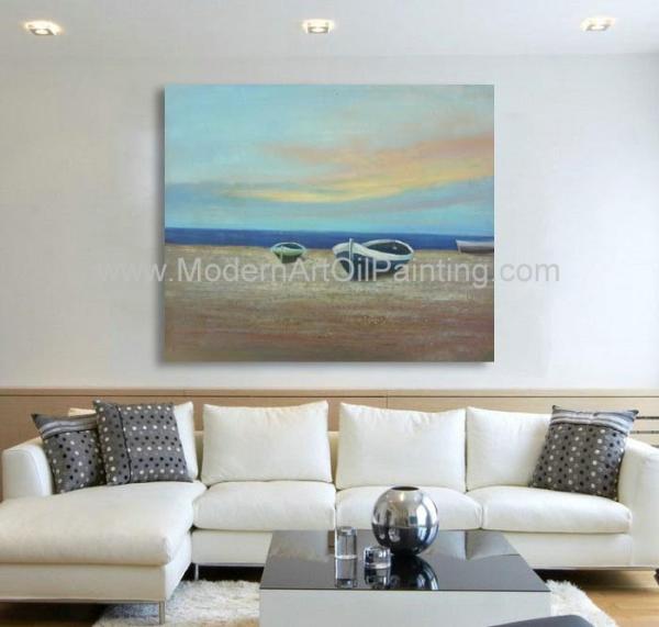 Navio decorativo moderno da pintura a óleo dos barcos no acrílico e na pintura a óleo da praia