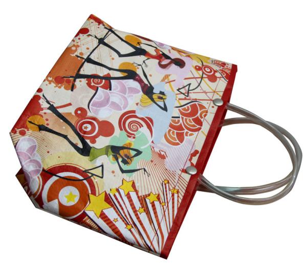 Reusable Orange PP Woven Shopping Bags With Transparent PVC Handle, Danceing Girls Pattern
