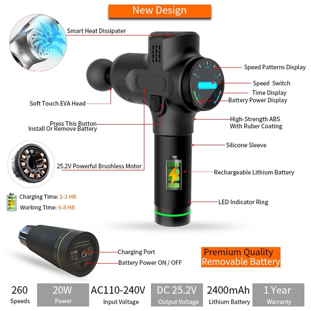 260 оружие массажа батареи лития 2400mah Massager мышцы скоростей Handheld Physion