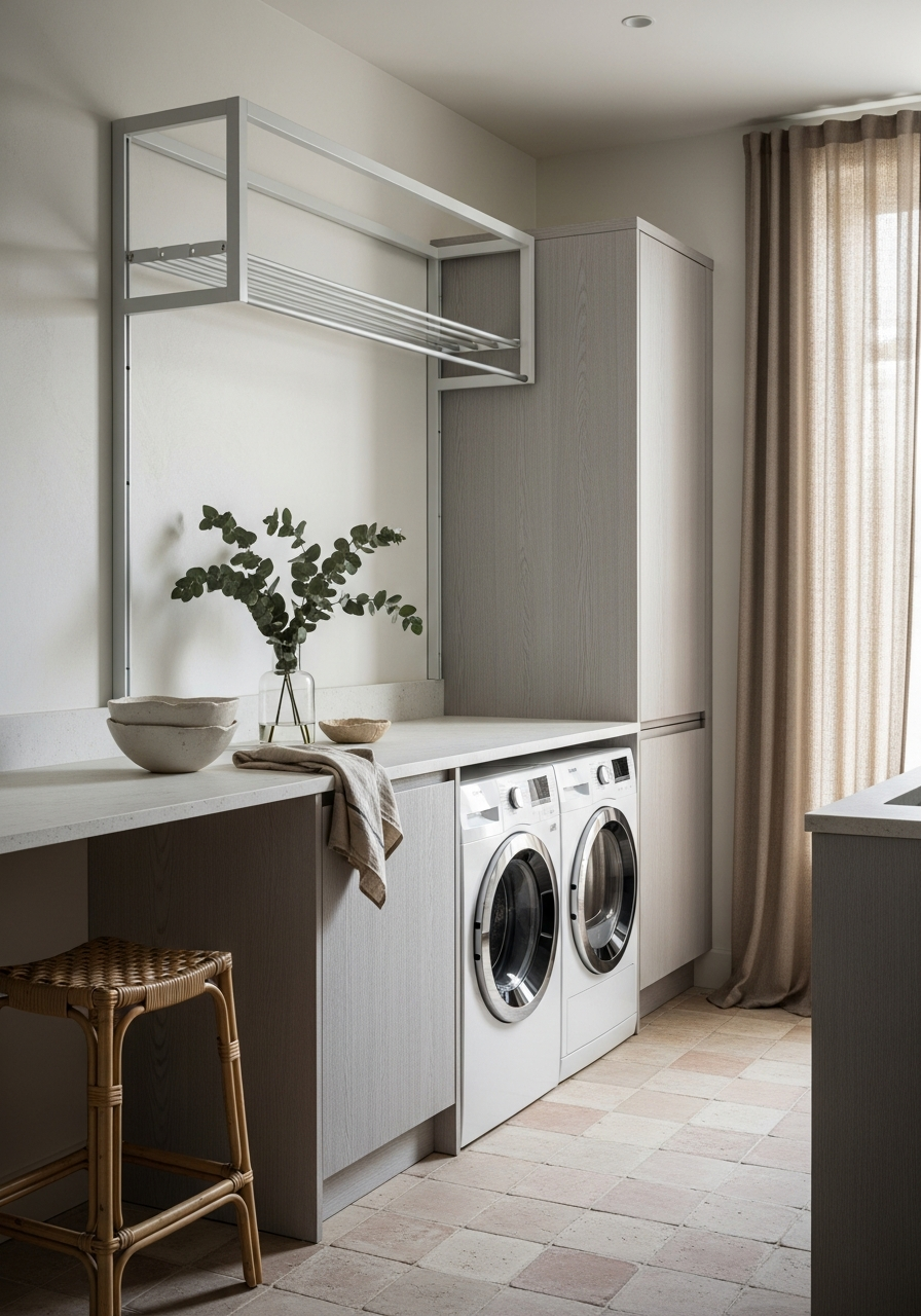 Whitewashed Ash Laundry Cabinet with Drying Rack in 304 Stainless Steel