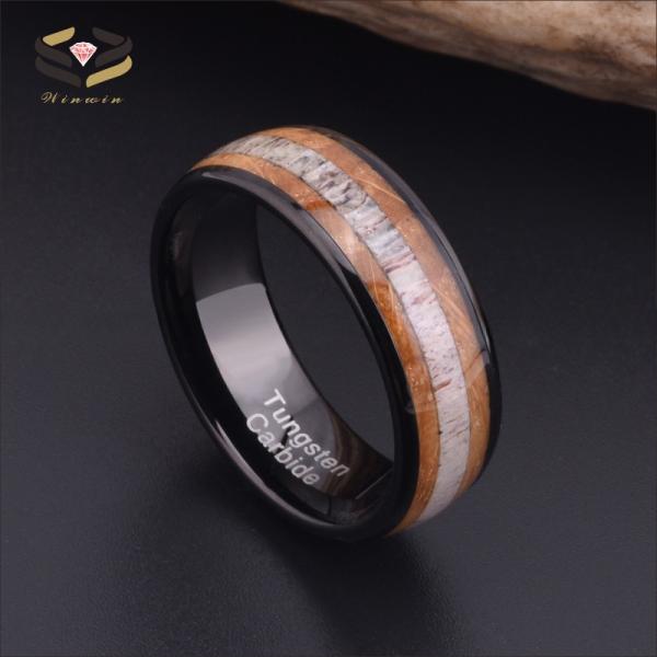 Unisex 8mm Black Tungsten Wedding Ring with Whiskey Barrel Wood Deer Antler Inlay Comfort Fit Sample Making