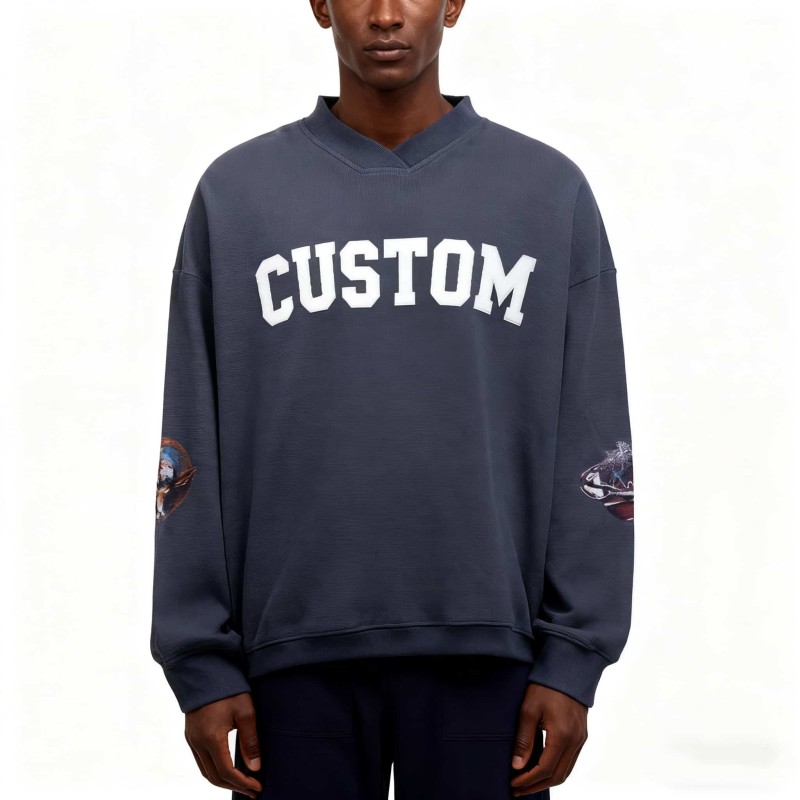 Custom Silk Print Acid Wash Oversized V Neck Sweatshirt Streetwear