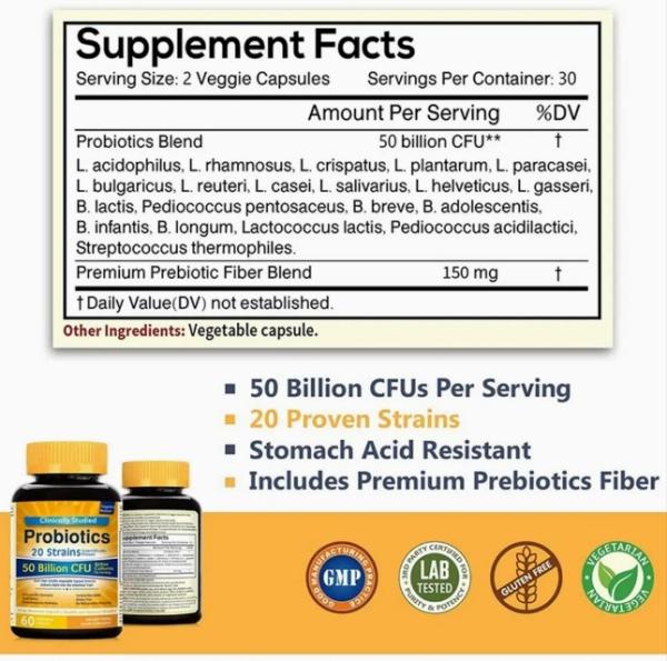Probiotic Capsules Organic Vegan Immune Support Digestion & Gut Fiber Supplement