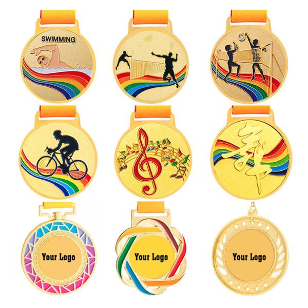 Custom 3D Zinc Alloy Gold Plated Sports Medal with Ribbon for Marathon and Bodybuilding