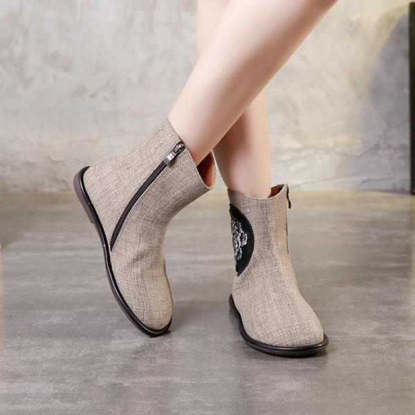S098 Autumn and winter hot fashion boots women retro linen women's shoes leather embossed embossed flat bottom women's s