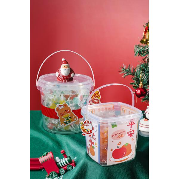 1L de espesor decorativo redondo baldes de plástico con mango para el regalo de Navidad paquete de juguete