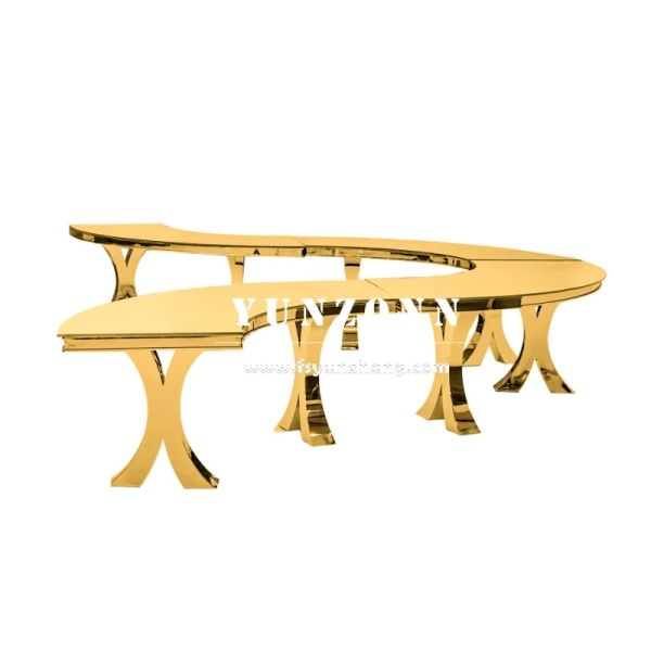 Modern Gold Cross X Legs Serpentine S-Shape Glass and Metal Wedding Dining Banquet Table for Outdoor Hotels Events Parties