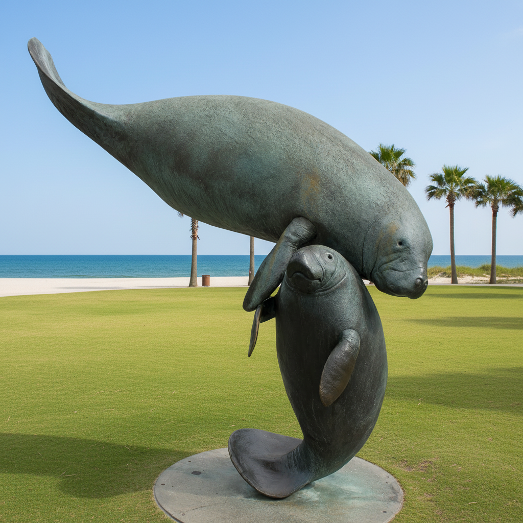 Large Bronze Manatee Mother and Baby Sculpture Marine Animal Coastal Garden Outdoor Art Statue