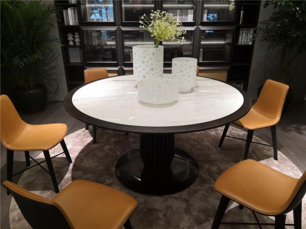 Round dining table by Oak wood in hand-made structure with Stainless steel leg and Stone marble for Restaurant furniture