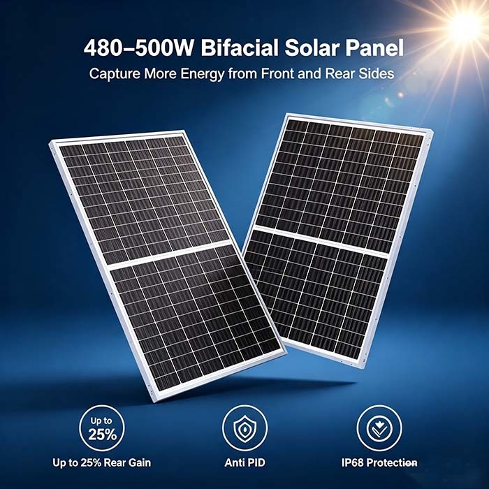 480W‑500W Dual‑Sided Solar Panel, Up To 25% Rear‑Side Extra Power Gain