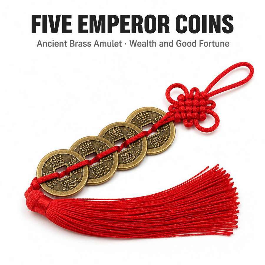 Five Emperor Coins Feng Shui Amulet Set - Chinese Ancient Copper Coins with Red Tassel, Wealth Protection Charm for Home Car Wallet, Taoist Good Luck Gift