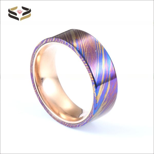 8mm Timascus Steel Ring with Rose Gold Titanium Inlay Add a Touch of Glamour to Your Look