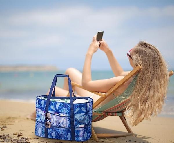 Mesh Beach Bag, Extra Large Beach Bags with 9 Pockets & Zipper Waterproof Lightweight Beach Tote for Beach/Pool Trip