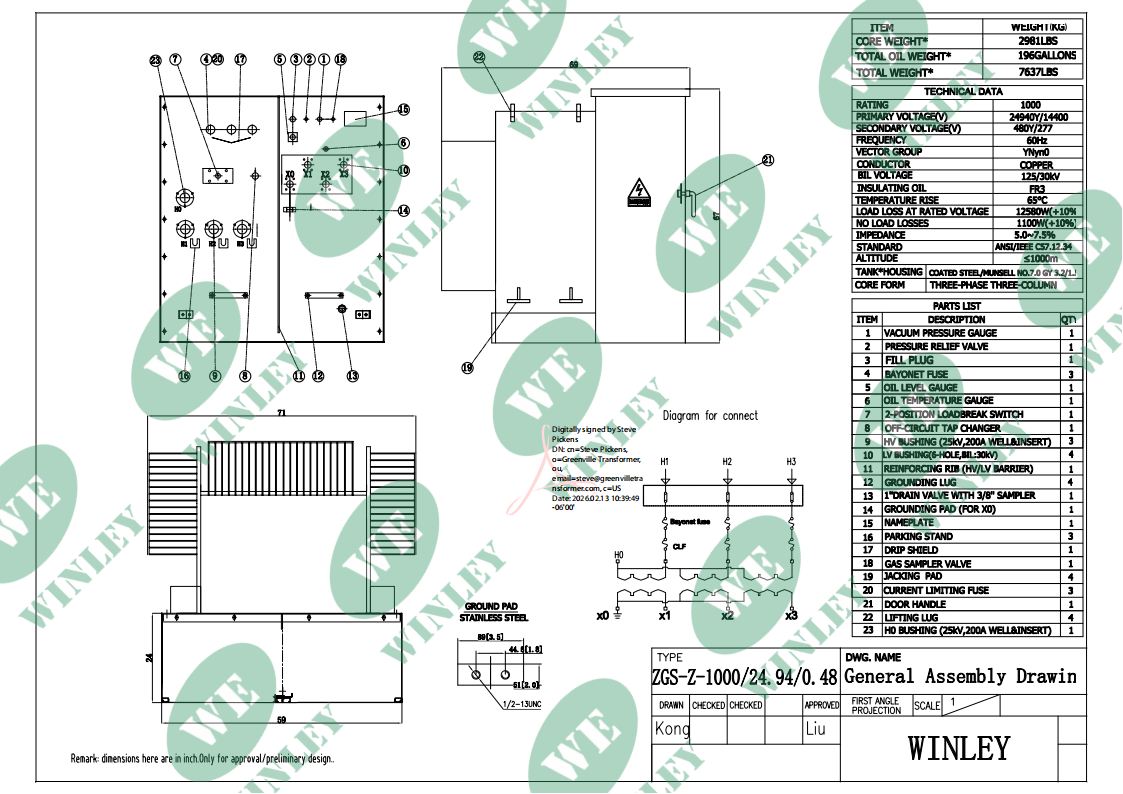 1000kVA Three Phase Pad Mounted Distribution Transformer 24940Y/14400V to 480Y/277V UL Listed