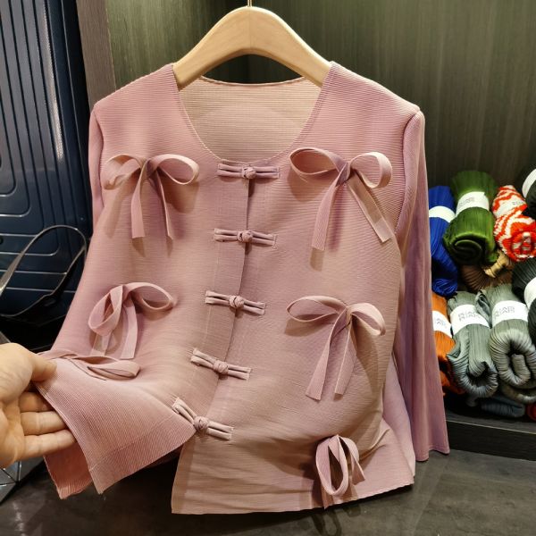 Women's New Chinese Style Long Sleeved Cardigan Pleated Top Button Bow Solid Color for Spring Social Occasions Casual Polyester