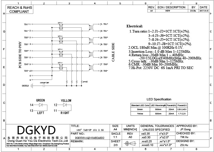 DGKYD511Q340AB2A8D2 180 градусов в линии фильтре 10P8C соединителя 2.5G сети взаимодействуют одиночный порт RJ45