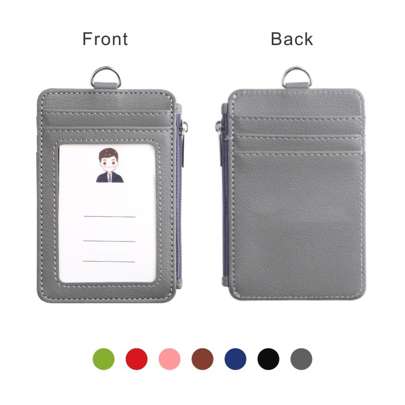 Zipper Faux Leather ID identity Card Badge Holder With Detachable Lanyard