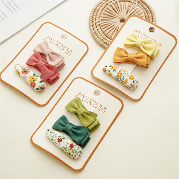 Floral solid color girls kids accessories fabric bow hairpin cute embroidery flower hairpin color 3 sets