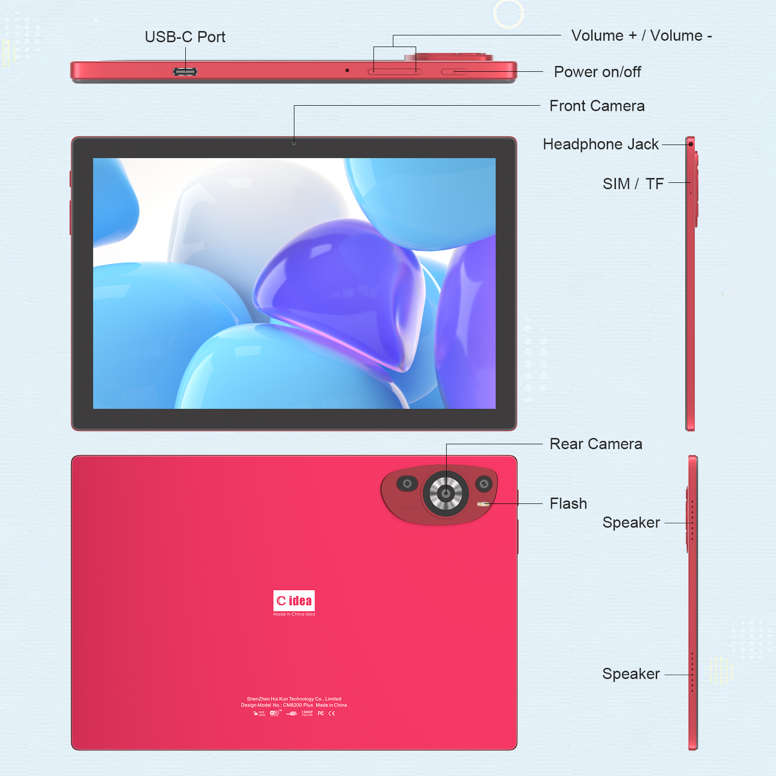 C Idea 10,1 дюйма Android 14 Smart Tablet Pc с поддержкой SIM для подростков CM8200Plus красный