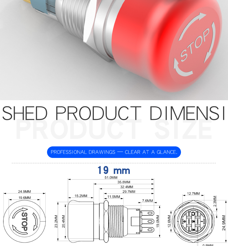 19mm Stainless Steel Metal Emergency Stop Button Switch Self-Locking Mushroom Head Equipment Power Emergency Cutoff