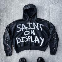 Fabricantes de sudadera con capucha impresos personalizados para hombres con capucha de diamantes de imitación de imitación francesa 450 GSM de sudadera de gran tamaño