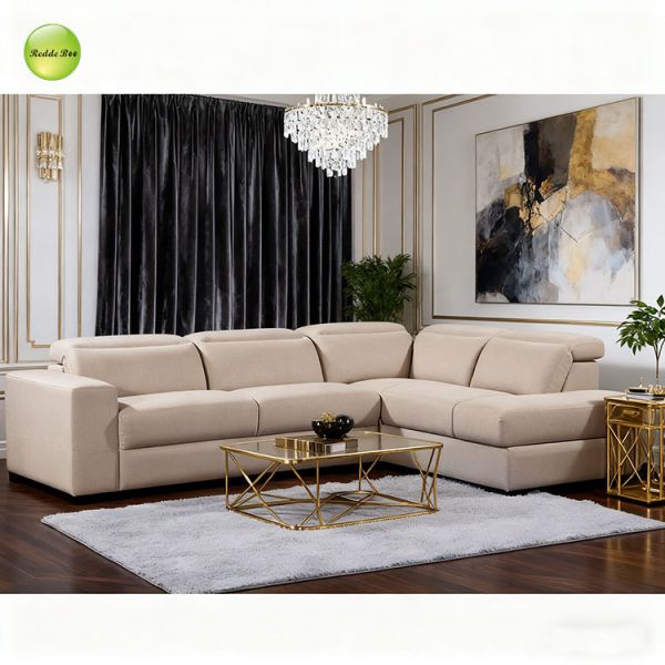 Ergonomic Beige L Shaped Sectional Sofa Velvet Couch Moisture Resistant