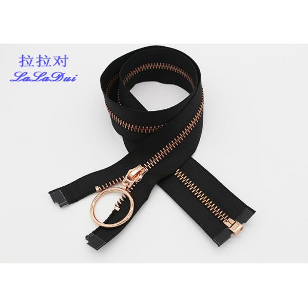Rose Gold 30 Inch Metal Coat Zipper , Long Open Ended Zips With Auto Lock Slider And Hook Pull