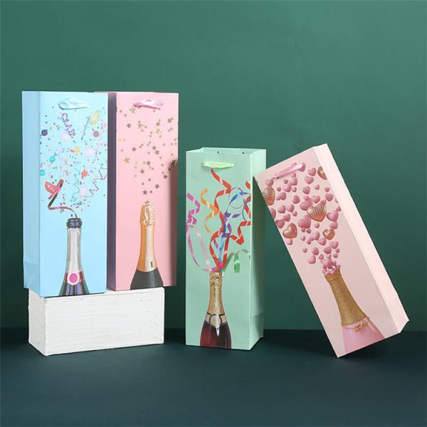 SGS Reusable Christmas bottle Kraft Wine Paper Bags With Hot Foil Stamping