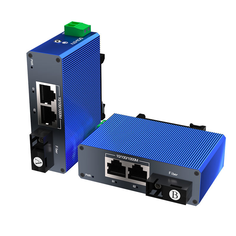 Industrial Mini Gigabit Fiber Ethernet Switch 1 Fiber 2 RJ45 Ports 1000Mbps Network Switch Blue