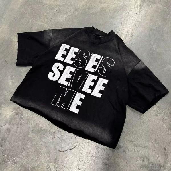 Impresión de pantalla desgarrada con algodón de peso pesado con ácido lavado con impresión de pantalla rasgada Vintage Hip Hop Boxy Fit T-Shirt para hombres