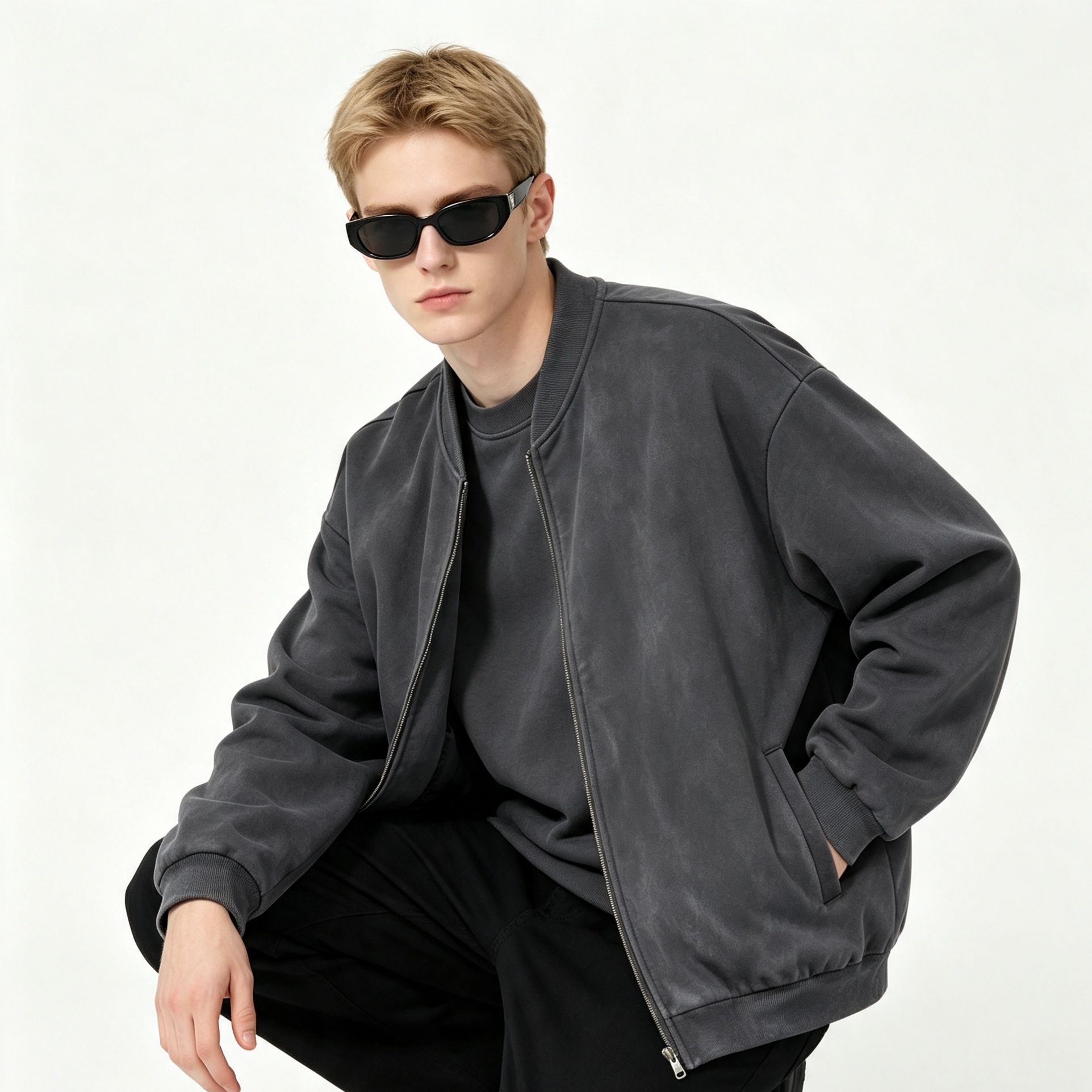 Men’s Vintage Washed Cotton Zip-Up Jacket 355G Casual Streetwear Fleece Lined Bomber