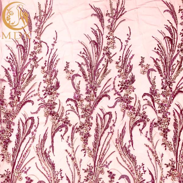 Purple 3D Embroidery Lace Fabric 0.9144 Meter For Nigerian Wedding Dress