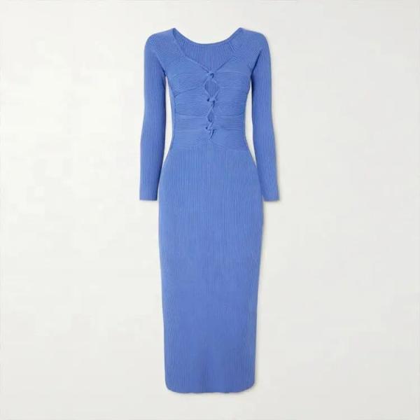                  Knitwear Blue Rib Elegant Casual MIDI Plus Size Women&prime;s Dresses Sexy Sweater Knit Dress             