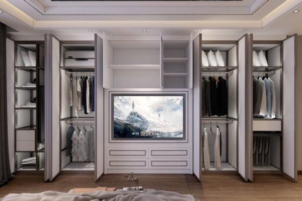 Modern Black White Lines Full Height Wardrobe With Integrated TV And Superior Storage