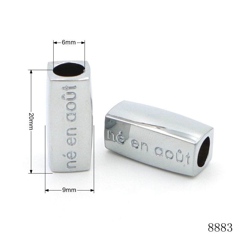 Chrome Plated 6mm Hole 20mm Metal Square Bead Zinc Alloy Custom Logo Text Bead Bracelet Spacer Beads