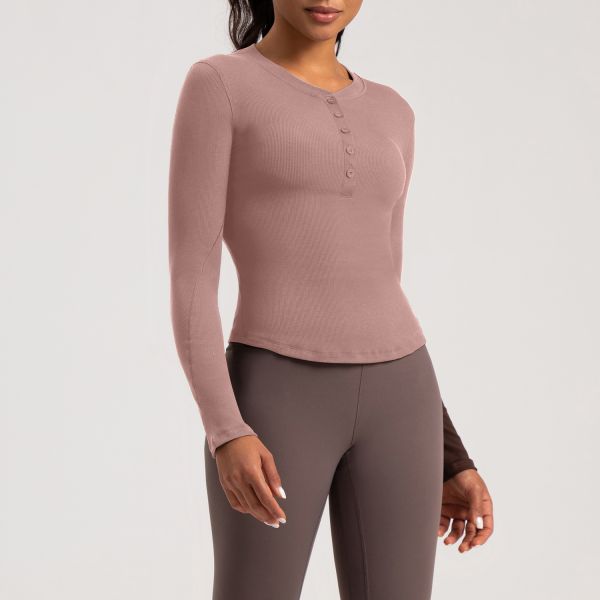 Women's Ribbed Knit Long Sleeve Henley Top - Dusty Pink, Slim Fit, Soft Stretch Fabric for Yoga, Gym & Casual Wear, Button-Down Neckline