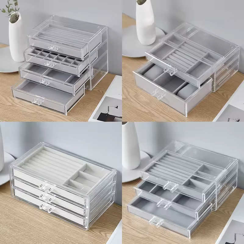Hot Selling Retro Fashion Artwork Gray Velvet Transparent Acrylic Drawer Accessories Earrings Rings Storage Box