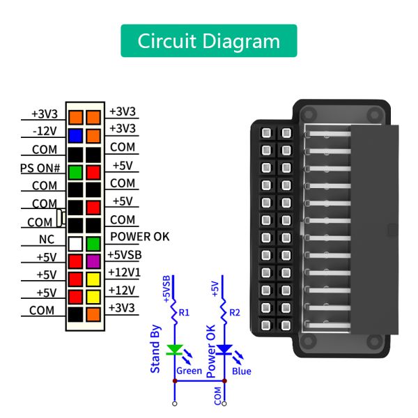 ATX 24Pin 90 Degree Right Angle Power Adapter with Power OK Standby LED and ABS Plastic Top Cover
