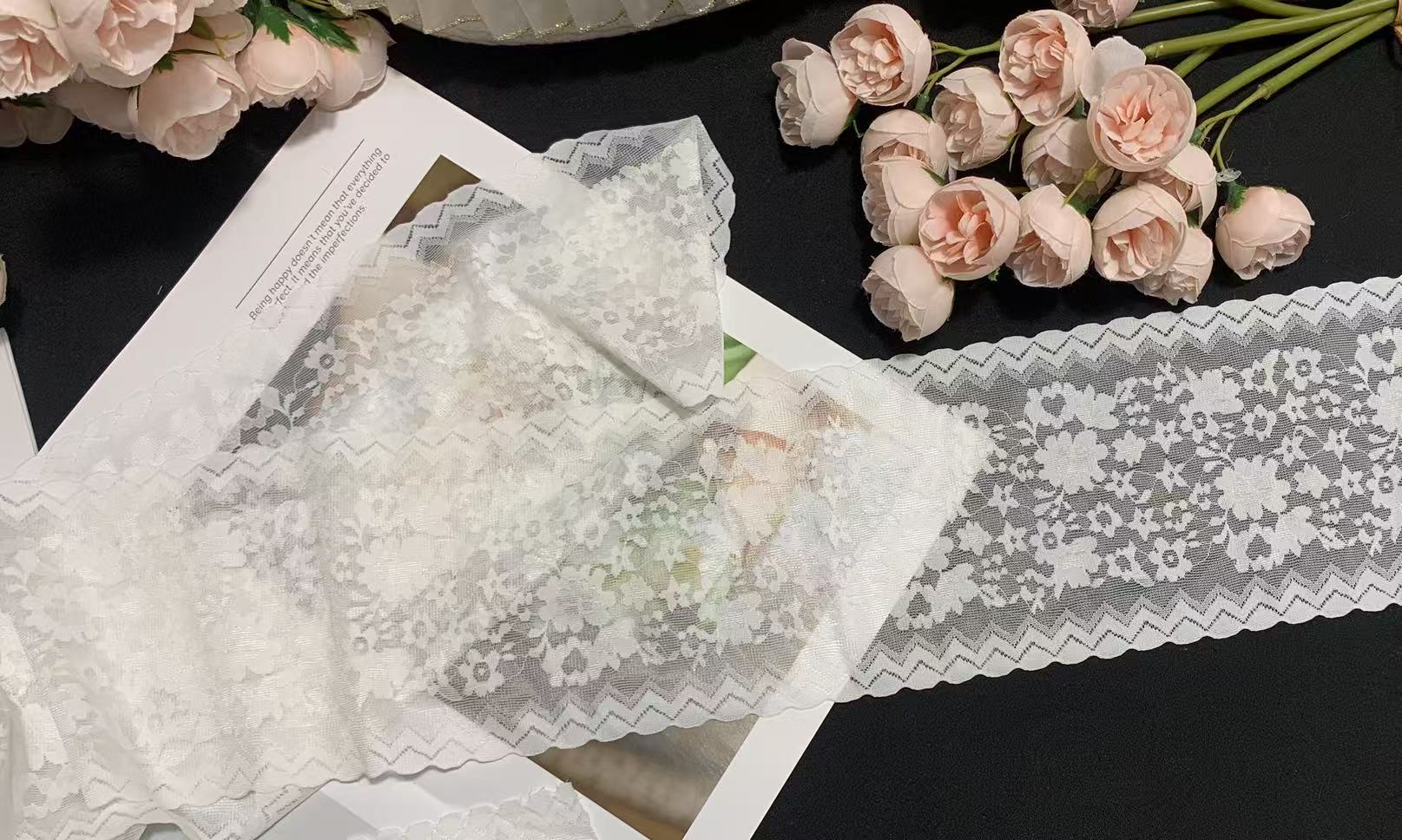 A1Z016 12cm Wide French Lace Floral Stretch Elastic Trim Wave Border for Pajamas and Bags